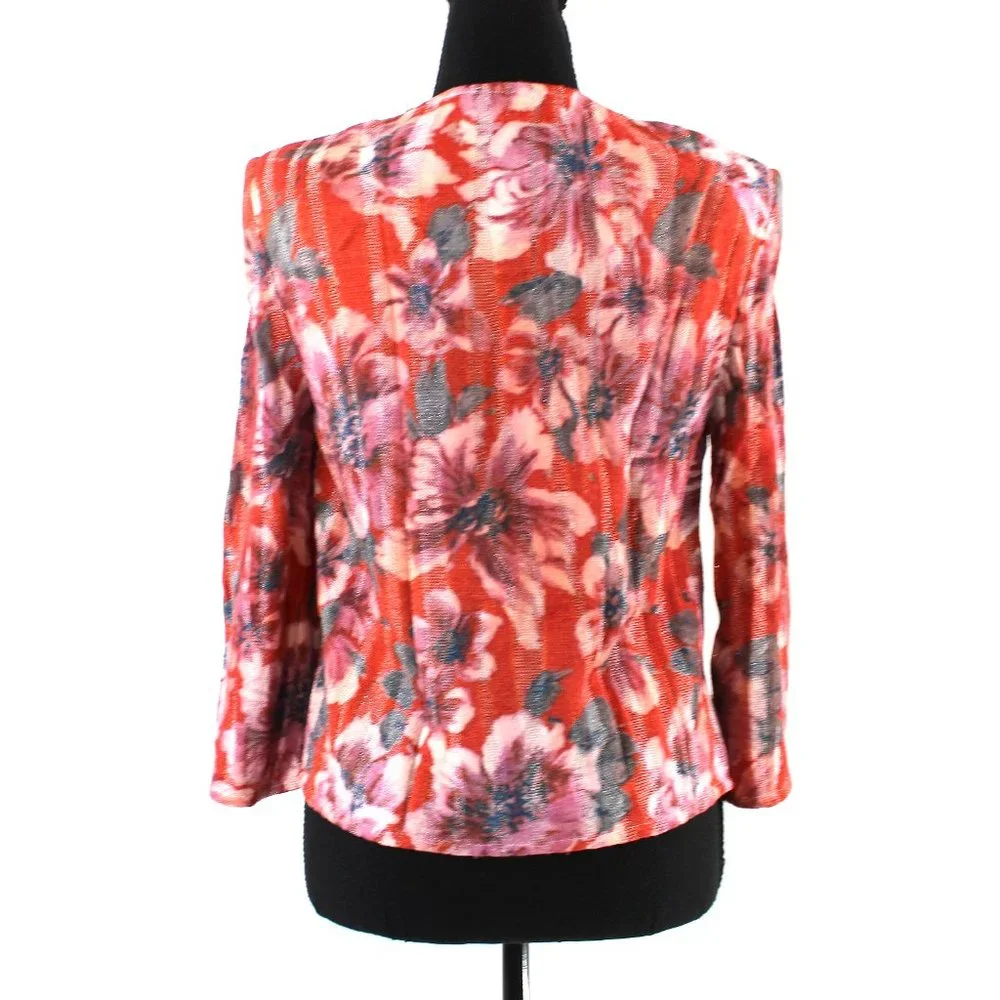 St. John Ribbed Red Abstract Floral Pattern Rhinestone Button Sweater Cardigan 4 - Picture 5 of 7